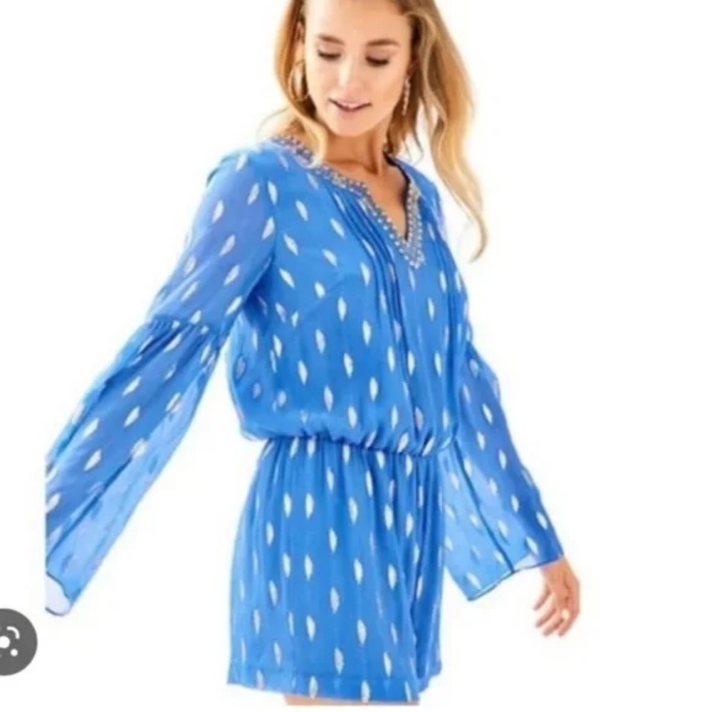Lilly Pulitzer Ariele Silk Romper Bennet Blue and Gold Long Sleeve